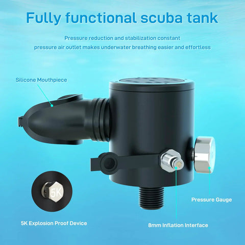 Close-up of 0.5L Mini Scuba Tank DOT Certified Backup Air Pony Bottle For Underwater Shooting And Emergency Rescue Operations.