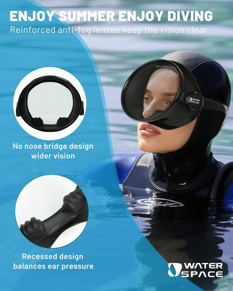 Diver wearing Dope Anti Fog 180 Degree View Diving Mask for Adults Teens Women Men with Tempered Glass Lens snorkeling in clear water.