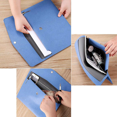 Durable PU Leather A4 File Folder Waterproof Document Holder with Snap Closure Blue open showing contents and size.