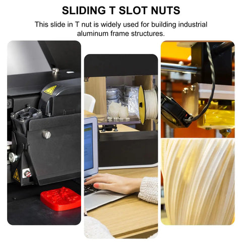 Twenty Piece T Slot Slide Nuts Premium Carbon Steel Tee Track Fasteners Nickel Coated on a 3D printer and work desk for aluminum profiles.