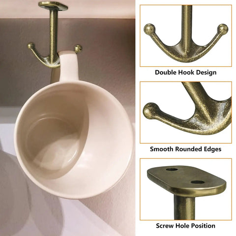 Zinc Alloy Double Prong Ceiling Hooks 4 Pack Bronze Finish for Towels Coats Hats Robes and More Under Shelf Kitchen Bathroom Cabinet Garage Use Durable Rust Resistant Hardware showing close-up of hook in use with a mug.