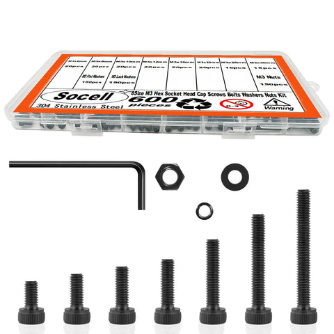 Ultimate M3 Screw Kit for DIY 3D Printers with 600 Pieces including hex socket head cap screws, nuts, washers in a case
