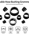 Assorted sizes of black nylon cable snap grommets with PA66 material, showcasing smooth and durable features.