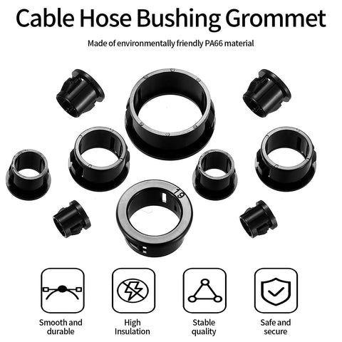 Assorted sizes of black nylon cable snap grommets with PA66 material, showcasing smooth and durable features.