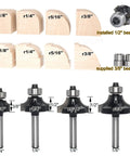 Top Shelf Four Piece Roundover And Bead Router Bit Set With One Quarter Inch Shank for Hella Smooth Woodworking Edges showing blade profiles and bearings.