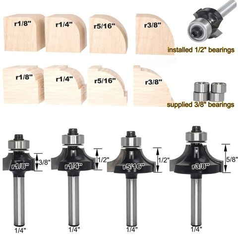 Top Shelf Four Piece Roundover And Bead Router Bit Set With One Quarter Inch Shank for Hella Smooth Woodworking Edges showing blade profiles and bearings.