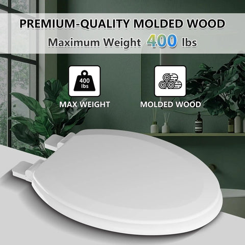 Top Shelf Molded Wood Toilet Seat Slow Close Lid High Gloss White Elongated Shape with quick detach hinge, maximum weight 400 lbs.