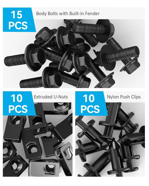All In One 35 Piece Car Bumper Clip Kit With Body Bolts U Nuts And Fender Clips For Engine Splash Shield Front Bumper