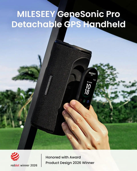 Holding the GeneSonic Pro Golf Speaker with Detachable GPS Rangefinder, outdoor view.