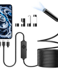 HD Endoscope Camera With Light For Tight Spaces 16.4ft Wiring Harness 7.9mm Slim Probe 1920P Borescope Inspection Camera With 8 Adjustable LEDs IP67 Waterproof Plug And Play For Pipes And Engines, shown with phone and USB adapters