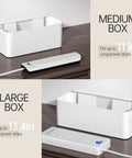 Two Pack Cable Management Box For Home And Office, Pet Safe Cord Organizer, Kid Safe And Power Strip Protector, Wire Hider For Desk, Dustproof And Bite Resistant, White shown in large and medium sizes on a desk