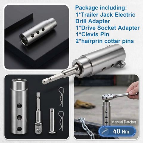 Heavy Duty Trailer Jack Drill Adapter includes stainless steel drive socket adapter, clevis pin, and hairpin cotter pins for easy lifting.