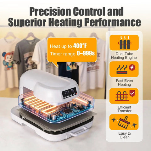 EcoSummer Automatic Electric Heat Press Machine With Digital Control Panel For Custom T Shirt Printing Portable Heat Transfer Design Tool Easy Use Precision Temperature And Time Settings on a table with digital display and heating elements.
