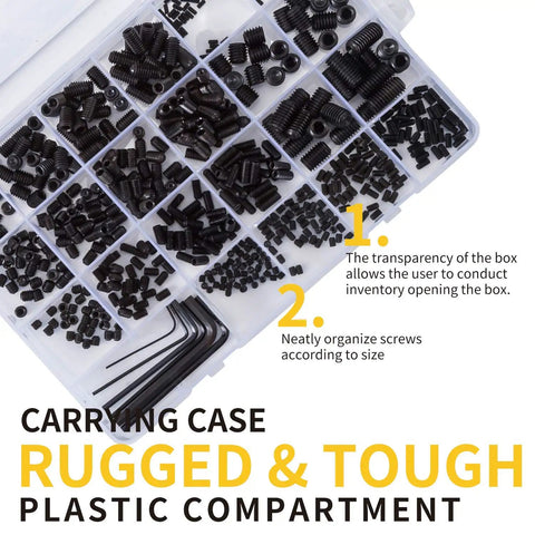 Internal Hex Drive Cup Point Screws Kit With 22 Sizes M2 To M8, 666 Pcs, transparent case, 12.9 Grade Alloy Steel, black finish