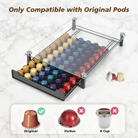Glass-top Coffee Pod Holder Organizer For Original Line Nespresso Holds 60 Pods In Slim Drawer Style Kitchen Countertop Rack