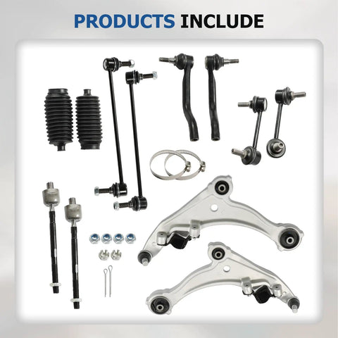 12 Piece Front Lower Control Arm Ball Joint Tie Rod End Sway Bar Link Kit for Nissan Maxima 2009 2010 2011 2012 2013 2014 Replacement Left and Right Direct Fit Easy Install parts laid out