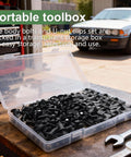 52 Piece Engine Under Cover Splash Shield Bolt Kit with U Nut Clips and Fender Liner Clips in transparent case on table