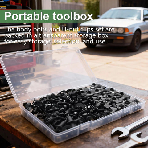 52 Piece Engine Under Cover Splash Shield Bolt Kit with U Nut Clips and Fender Liner Clips in transparent case on table