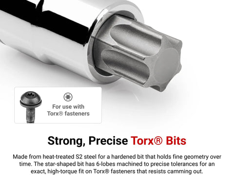 Close-up of half inch drive Torx T40 bit socket with S2 steel, showing 6-lobed design for cam-out resistance, used in repairs.