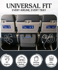 The Low Key Essential Airplane Seat Back Organizer Expands Over Tray Tables, showing universal fit on airplane seats with cords.