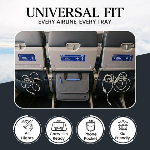 The Low Key Essential Airplane Seat Back Organizer Expands Over Tray Tables, showing universal fit on airplane seats with cords.