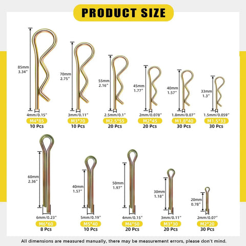 208Pcs Cotter Pin And Hairpin R Pin Assortment Kit With Zinc Plated Steel Fasteners In 11 Sizes shown with specific dimensions.