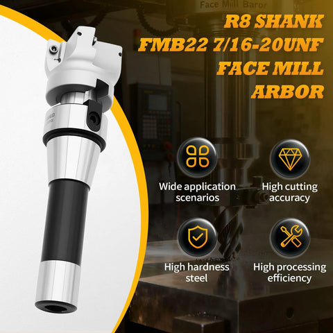 R8 shank face mill arbor with 7/16-20UNF, 50mm shell cutter, 10 APMT1604 carbide inserts and T15 wrench