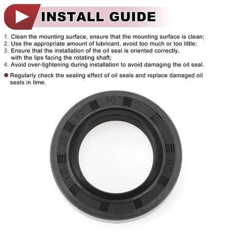 Install guide for 25x42x10mm high pressure rotary shaft oil seals with nitrile rubber and steel spring.