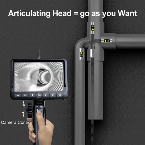 Game Changer Articulating Borescope With Dual Lenses And Built In Light, showing camera display inspecting pipes.