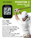 Phantom 3 Slope GPS Golf Rangefinder with golfer swinging, device specs, and Dope Slope Technology highlighted, Model 362402.