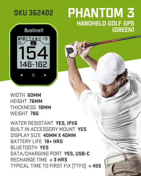 Phantom 3 Slope GPS Golf Rangefinder with golfer swinging, device specs, and Dope Slope Technology highlighted, Model 362402.