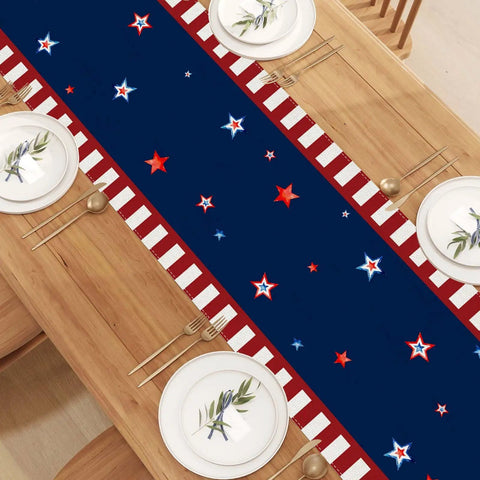Patriotic Table Runner 13x72 Inches Watercolor Style Red White And Blue American Flag Stars on wooden dining table