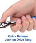 Hand holding a ratchet with quick release, three piece ratchet set with one quarter inch, three eighth inch, and one half inch drive sockets.