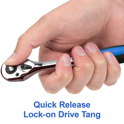 Hand holding a ratchet with quick release, three piece ratchet set with one quarter inch, three eighth inch, and one half inch drive sockets.