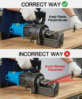 Heavy Duty Portable Electric Hydraulic Rebar Cutter With Cr12MoV Blade Cuts 5 32 Inch To 7 8 Inch Deformed Steel Bar showcasing correct and incorrect usage.