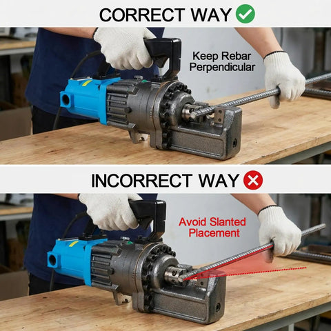 Heavy Duty Portable Electric Hydraulic Rebar Cutter With Cr12MoV Blade Cuts 5 32 Inch To 7 8 Inch Deformed Steel Bar showcasing correct and incorrect usage.