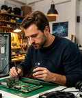 Technician using Electromagnetic Inductance Tester Kit For Motherboards And Car Electronics to diagnose circuit board.