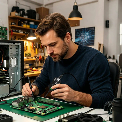 Engineer using Coil Pack Tester For PCBs With Inductance Meter And Indicator Lights Grab And Go Portable Circuit Inductor Tester