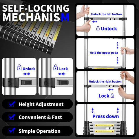 Telescoping Ladder 24.6 Ft Heavy Duty Aluminum Extension Ladder With Adjustable Sections And Removable Hooks For Roof Access Attic Loft And Exterior Maintenance Built Tough And Easy To Store showing self-locking height adjustment