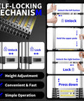 Telescoping Ladder 26 Point 2 Ft Heavy Duty Aluminum Reach For Roof Access Attic And Loft Work Exterior Property Maintenance Removable Hooks For Easy Positioning Rectangular Design showing self-locking height adjustment
