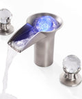 Waterfall Bathroom Sink Faucet with LED Crystal Ball, Deck Mount 3 Hole, Double Handle Brushed Nickel, Free Floating Orb Design