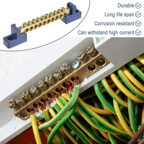 Beefy Ground Bar Kit 10 Positions For Electrical Panels Brass Terminal Block with Blue Insulated Base in use with wiring