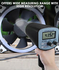 Digital Handheld Stroboscope With Wide Range From 50 To 12,000 FPM displaying reading in front of a fan blade.