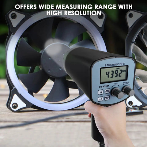 Digital Handheld Stroboscope With Wide Range From 50 To 12,000 FPM displaying reading in front of a fan blade.