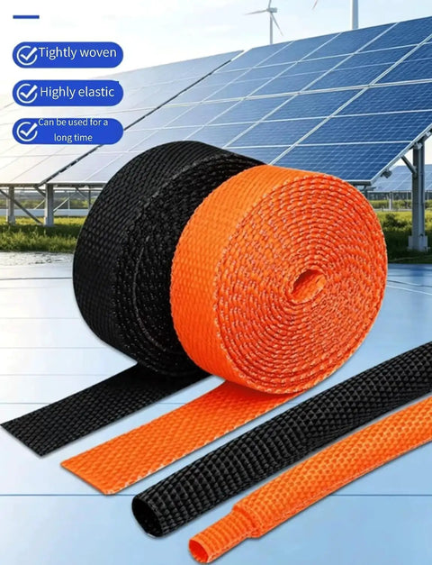 Heat Shrink Braided Cable Sleeve 300cm Black Heavy Duty Flame Retardant Insulation Wire Wrap in front of solar panels