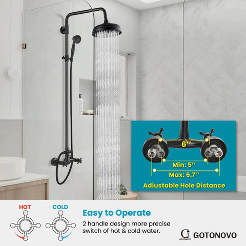 Exposed Wall Mount Shower Faucet Set With 8 Inch Rain Showerhead Brass Handheld Spray Double Cross Handles Oil Rubbed Bronze Finish 2 Function Diverter Top Notch Brass Construction in modern bathroom setting, showing water flow and dimension details.