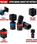 Swivel Impact Socket Set 27-Piece Three Eighths Inch Drive Heavy Duty CR-MO With 6-Point Wobble Sockets Metric and SAE
