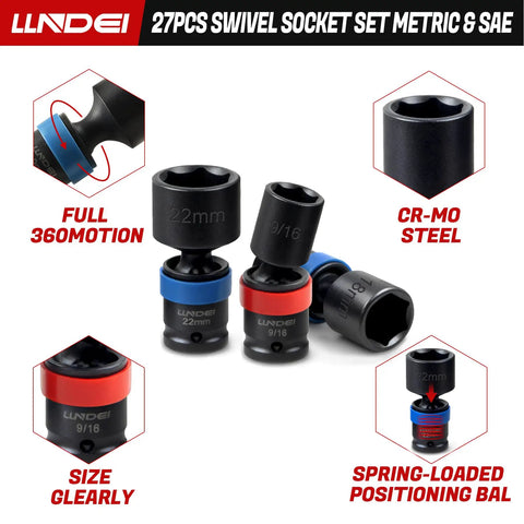 Swivel Impact Socket Set 27-Piece Three Eighths Inch Drive Heavy Duty CR-MO With 6-Point Wobble Sockets Metric and SAE