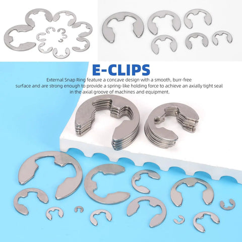 304 Stainless Steel E Clips Retaining Rings Set, 14 Sizes From 1.5mm to 15mm, Heat Treated External Retaining Clips displayed