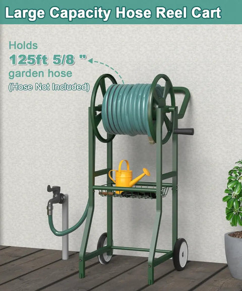 Heavy Duty Garden Hose Reel Cart With Wheels Keeps Your Hose Neat And Ready Holds Up To One Hundred Twenty Five Feet Of Five Eighth Inch Hose Plus A Three Point Nine Foot Leader Hose And Basket in outdoor setting